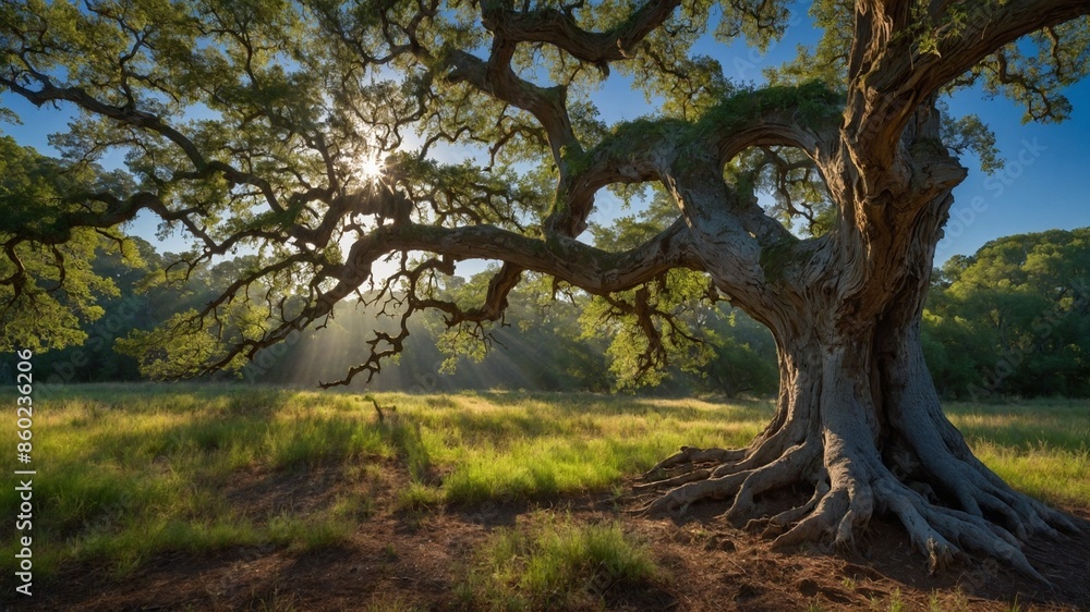 Majestic, ancient tree stands prominently in sunlit meadow, its sprawling branches extending outward, casting intricate shadows on grass below. Sunlight filters through leaves, creating serene. Majestic, ancient tree stands prominently in sunlit meadow, its sprawling branches extending outward, casting intricate shadows on grass below. Sunlight filters through leaves, creating serene.