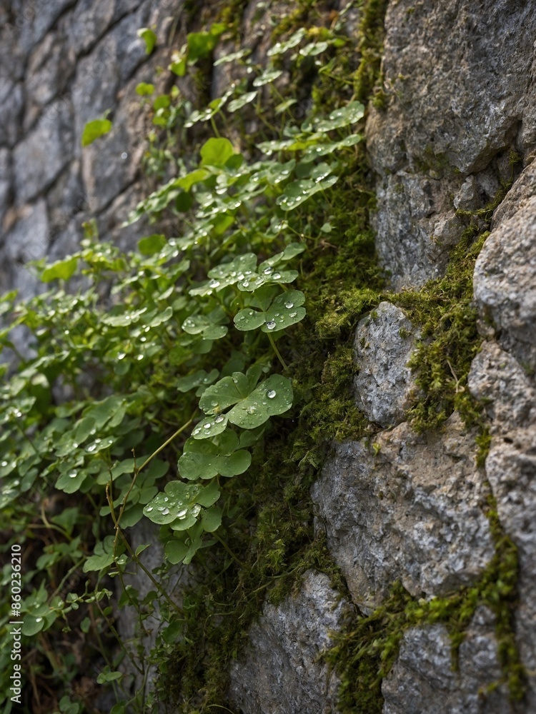 Close-up view of stone wall with green plants, moss growing between cracks. Dew drops visible on leaves, indicating recent rain, morning dew. Stones irregularly shaped, have rough texture. Close-up view of stone wall with green plants, moss growing between cracks. Dew drops visible on leaves, indicating recent rain, morning dew. Stones irregularly shaped, have rough texture.