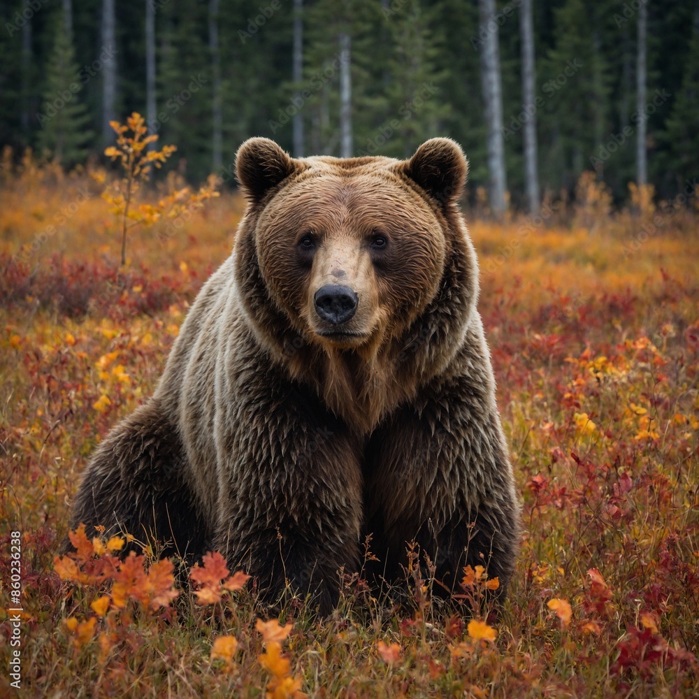 Obraz premium Large brown bear sits in field of vibrant autumn foliage, surrounded by tall trees in background. Bear's thick fur appears well-groomed, its eyes focused forward, giving impression of calmness.