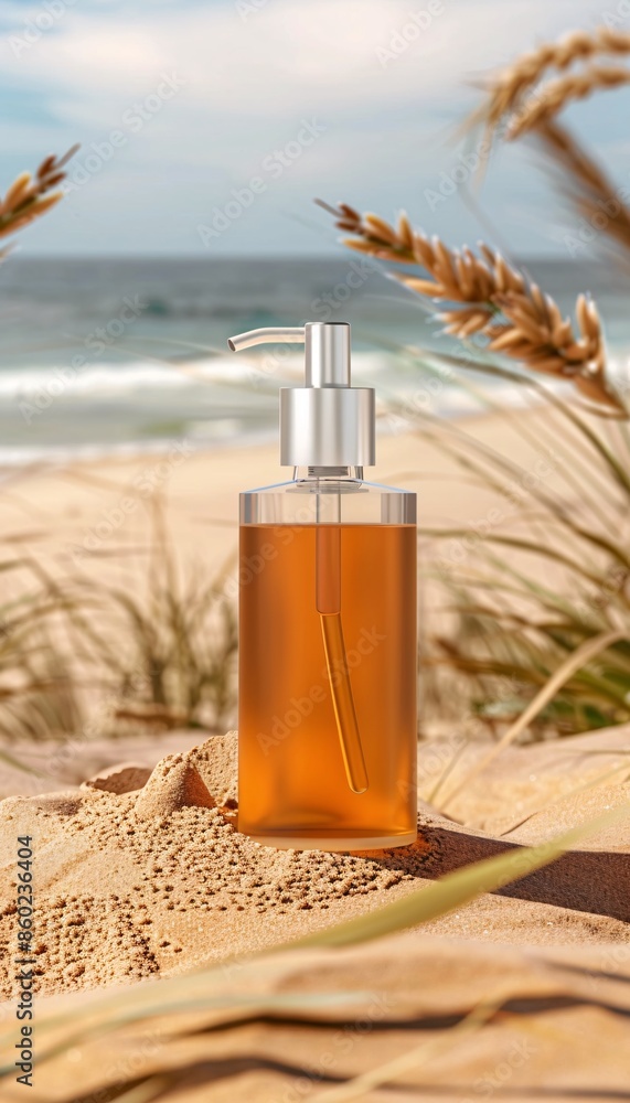 Fototapeta premium Cosmetics product mockup on sandy beach, wide banner.
