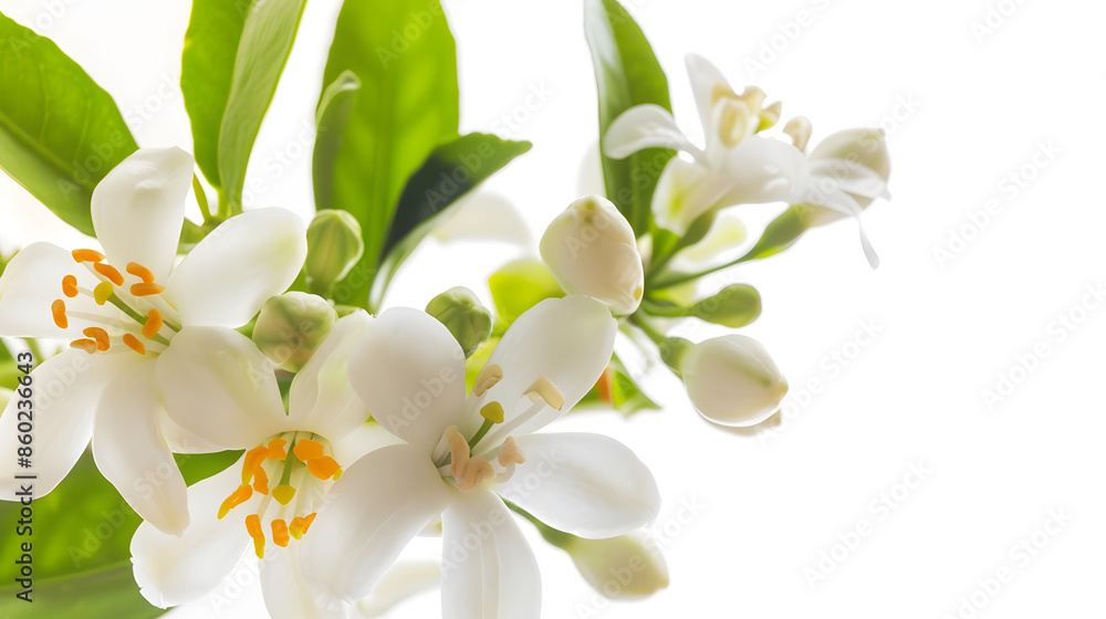 Fototapeta premium Neroli blossom Citrus bloom Orange tree white flowers and buds bunch isolated on white : Generative AI