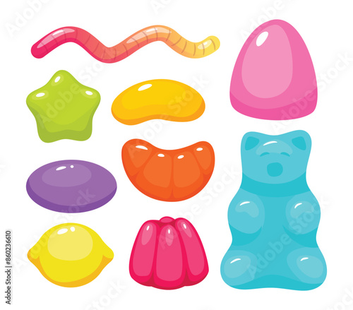 Set of Jelly gum candy sweets vector illustration set. Realistic creative chewy candy for kids collection, funny gummy bear, and worm, lemon and orange slice, isolated on white background.