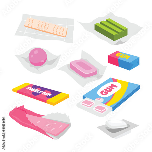 Set of chewing gum, Bubble bubblegum, Cartoon gummie splashes and spots, gum packaging, chewing dragees and bubblegum stripe flat vector illustration set, isolated on white background.