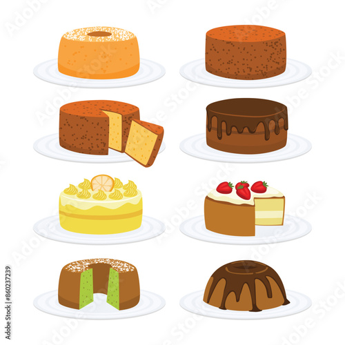 Set of Chiffon cake collection, Light and fluffy vanilla chiffon cake on a plate icon, Delicious sponge cake sliced drawing cut and whole with chocolate, strawberry, isolated on white background.