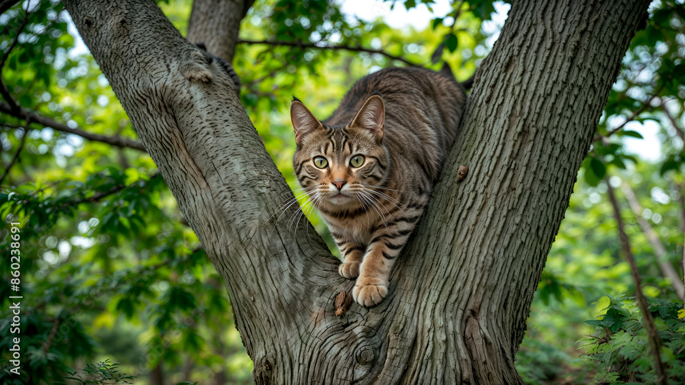 A close-up of a cat climbing down a tree A close-up of a cat climbing down a tree