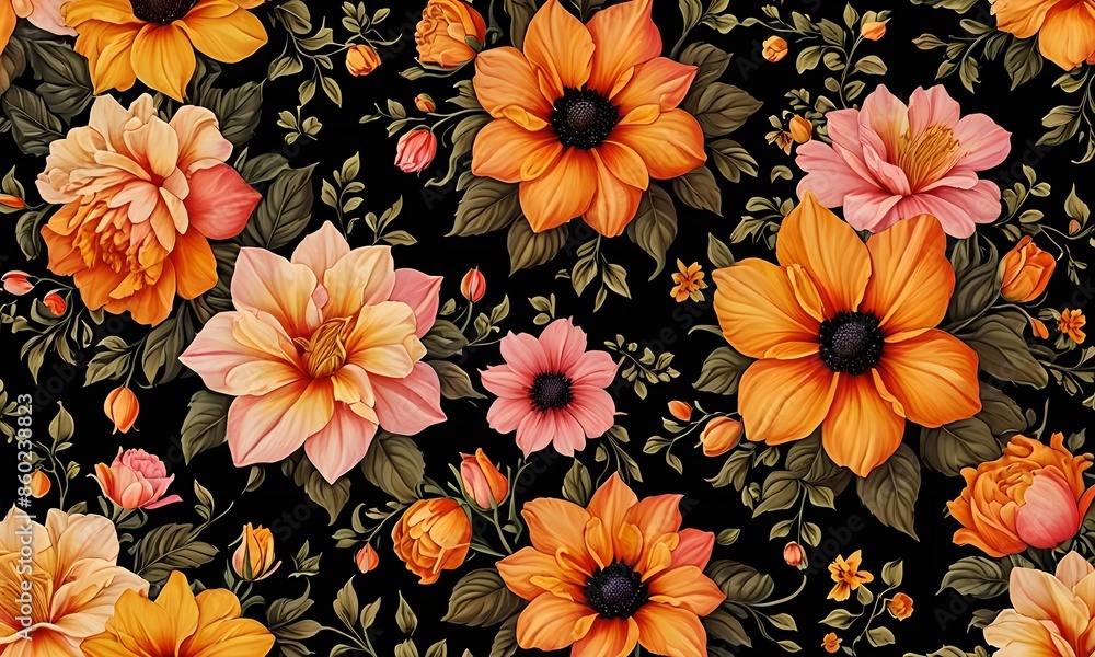 Wallpaper representing a floral pattern in pink, orange, yellow colors. Decorative and coherent scene Wallpaper representing a floral pattern in pink, orange, yellow colors. Decorative and coherent scene