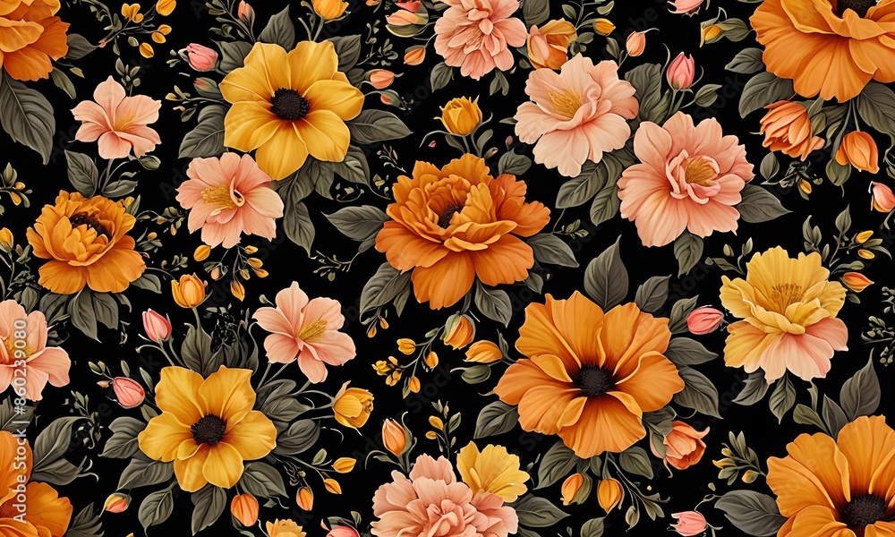 Wallpaper representing a floral pattern in pink, orange, yellow colors. Decorative and coherent scene Wallpaper representing a floral pattern in pink, orange, yellow colors. Decorative and coherent scene