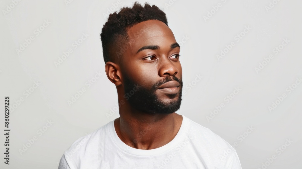 A pensive-looking man with a neatly trimmed beard, sporting a white graphic tee featuring a thought-provoking abstract design. A pensive-looking man with a neatly trimmed beard, sporting a white graphic tee featuring a thought-provoking abstract design.