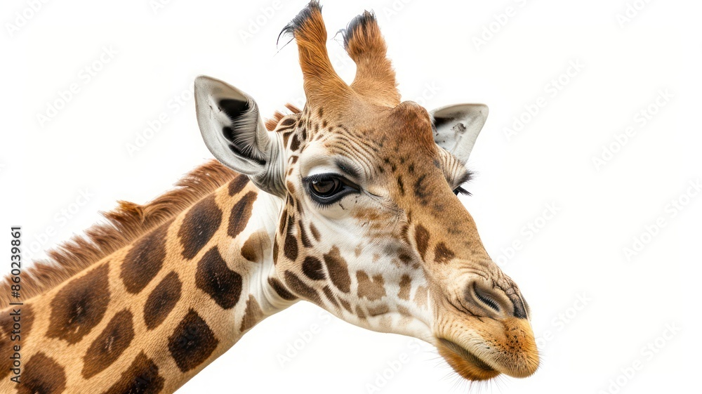 Fototapeta premium Funny giraffe head with long tongue isolated on white background.