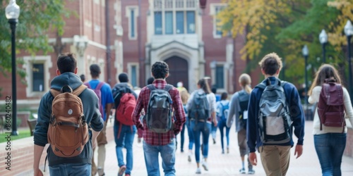 A bustling college campus scene: students animatedly walking and conversing, framed by academic buildings with ample copy space