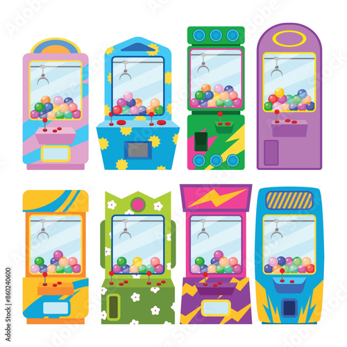 Set of playful claw machine game set collection, Toy Grabber machines. Vending machine claw for grab toys doll or gift plush bear ball, arcade recreational game prize fun fair arms on crane joystick.