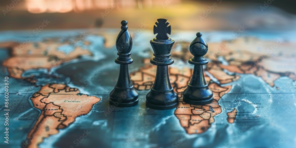 Row chess figures placed on map banner for worldwide economy concept Row chess figures placed on map banner for worldwide economy concept