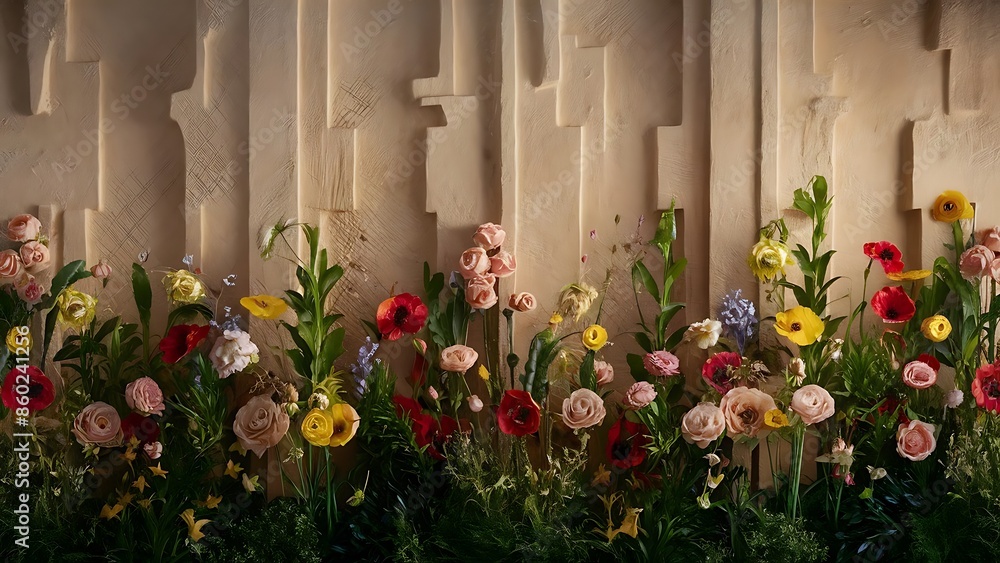 Fototapeta premium Beautiful wall with flowers and plants toned