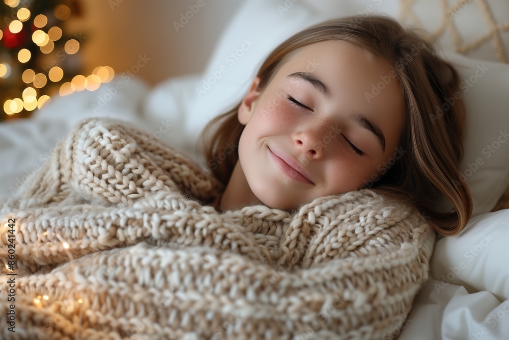 Cozy young girl sleeping with a smile wrapped in a chunky knit blanket, soft focus holiday lights in the background.
Cozy young girl sleeping with a smile wrapped in a chunky knit blanket, soft focus holiday lights in the background.