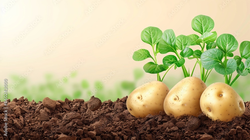 Young potato plant growing in soil with fresh potatoes, symbolizing agriculture, crop production, farming, and sustainable food sources. Young potato plant growing in soil with fresh potatoes, symbolizing agriculture, crop production, farming, and sustainable food sources.