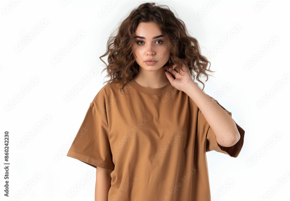 Portrait of a young woman with curly hair wearing an oversized camel T-shirt. She stands against a plain background, exuding a casual and stylish vibe Portrait of a young woman with curly hair wearing an oversized camel T-shirt. She stands against a plain background, exuding a casual and stylish vibe
