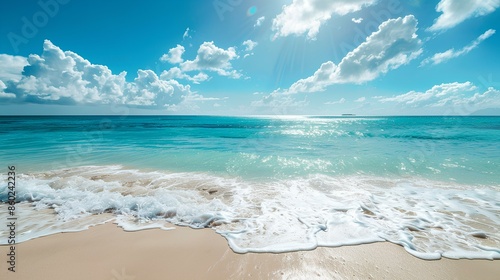 A tranquil beach with crystal-clear turquoise water, gentle waves lapping the shore, and a bright, sunny sky. photo