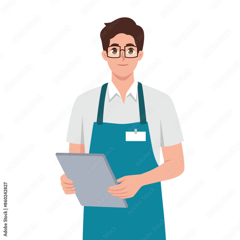 Male employee in uniform working in Hypermarket. Flat vector illustration isolated on white background Male employee in uniform working in Hypermarket. Flat vector illustration isolated on white background