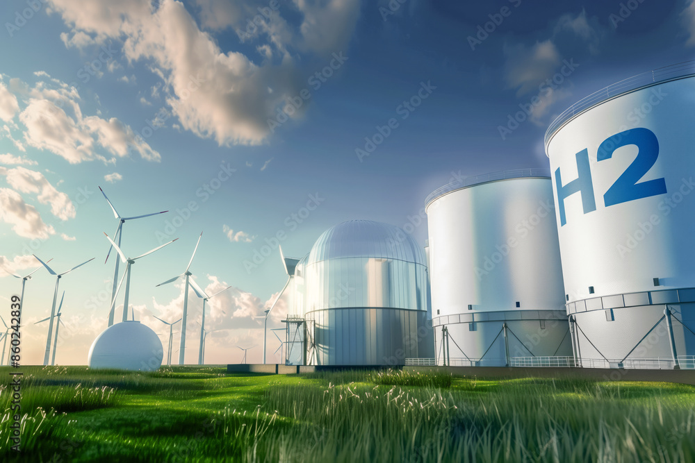 Hydrogen storage tanks marked with H2 and wind turbines stand in a green, eco-friendly landscape, under a bright sky Hydrogen storage tanks marked with H2 and wind turbines stand in a green, eco-friendly landscape, under a bright sky