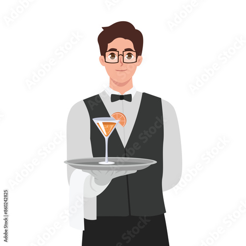 Young man waiter offering cocktail serving table in the cafe. Flat vector illustration isolated on white background