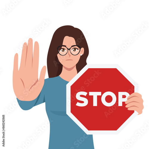 Young serious woman standing with red sign stop in hands and showing her palm with refusing. Flat vector illustration isolated on white background