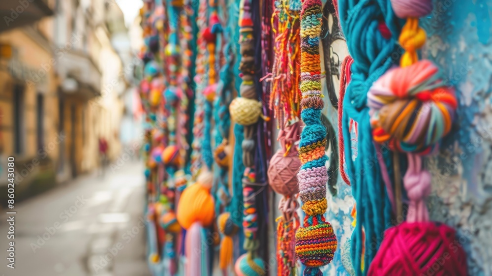 Fototapeta premium Colorful yarn decorations hanging on street wall in urban area