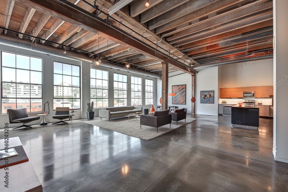 A chic urban loft featuring a modern kitchen and living area. Industrial elements combined with minimalist design A chic urban loft featuring a modern kitchen and living area. Industrial elements combined with minimalist design