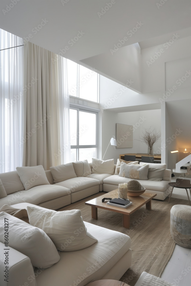 A chic urban loft featuring a modern living area. Industrial elements combined with minimalist design A chic urban loft featuring a modern living area. Industrial elements combined with minimalist design