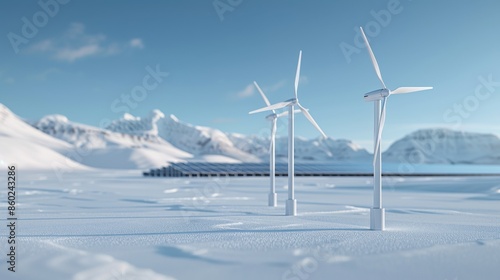 Wind turbines in a snowy landscape with mountains in the background, showcasing renewable energy in harsh climates.