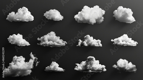 Set of a different white fluffy clouds, isolated on a black background