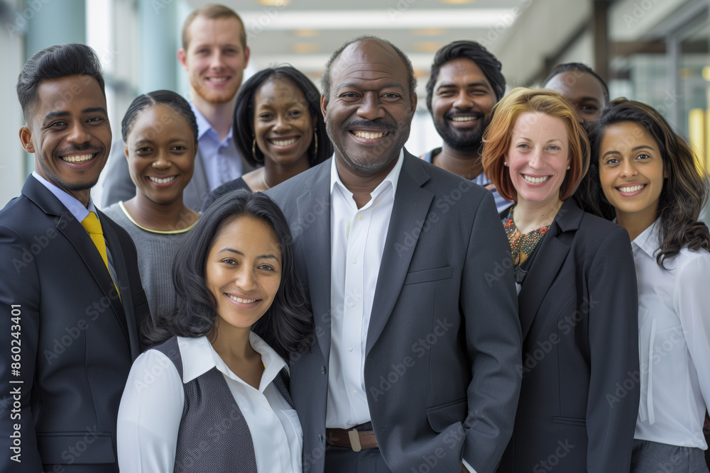 Confident and diverse business team posing together in a modern office hallway, showcasing unity, collaboration, and professionalism Confident and diverse business team posing together in a modern office hallway, showcasing unity, collaboration, and professionalism