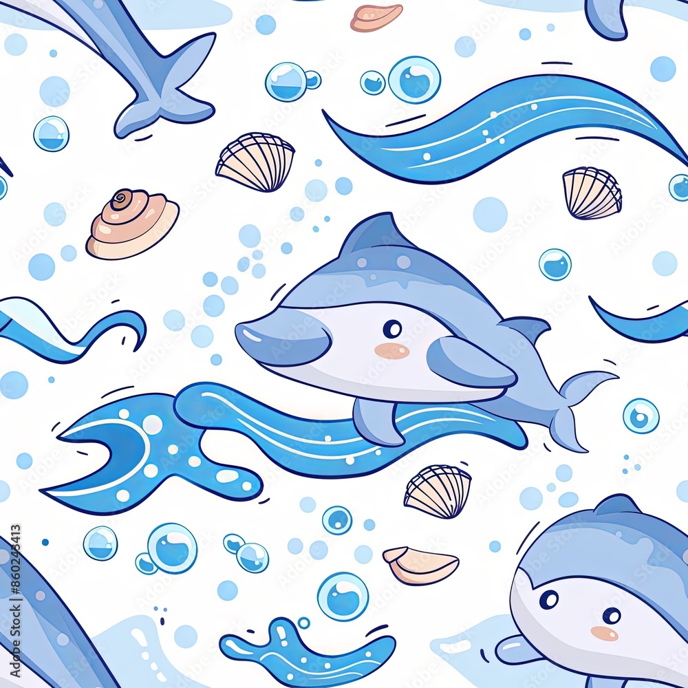 Fototapeta premium Chibi Dolphin with Waves Pattern