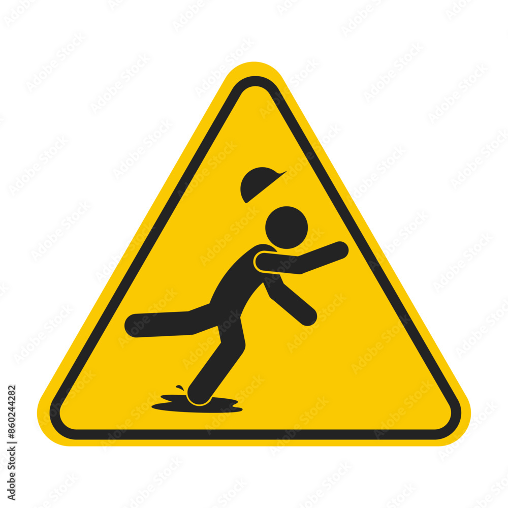 Yellow triangle sign worker slip water on the floor, for industrial worker safety label Yellow triangle sign worker slip water on the floor, for industrial worker safety label