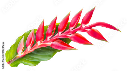Heliconia bihai Red palulu flower with leaf Tropical flowers isolated on white background with clipping path : Generative AI