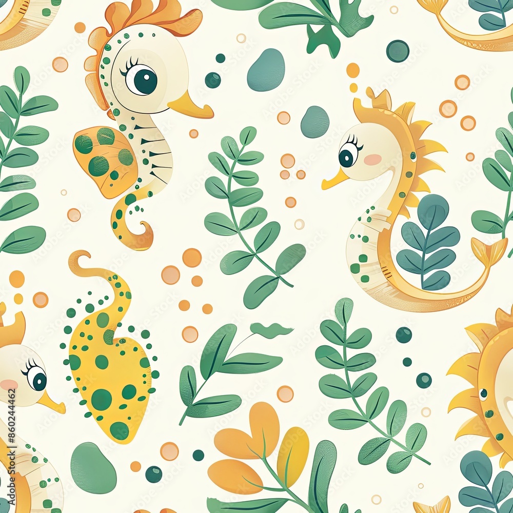 Obraz premium Cute Seamless Pattern with Chibi Seahorse and Kelp