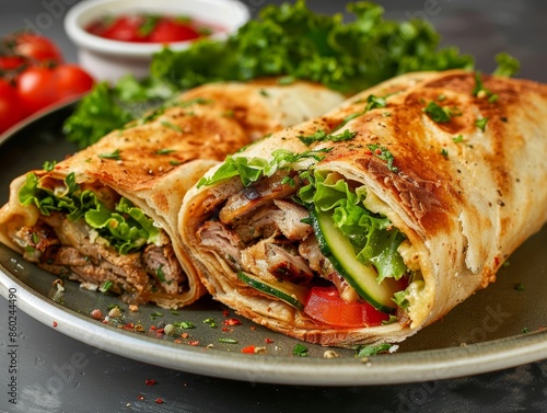 Savory Shawarma Roll on a Plate in a Beautiful Kitchen Generative AI