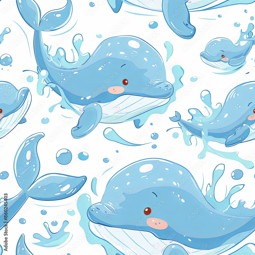 Obraz premium Cute Seamless Pattern with Chibi Whale and Splash