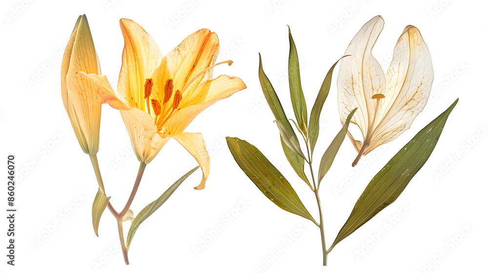 Pressed and dried delicate Lilies Lilium Lily flower and leaves isolated from background For use in scrapbooking floristry or herbarium : Generative AI Pressed and dried delicate Lilies Lilium Lily flower and leaves isolated from background For use in scrapbooking floristry or herbarium : Generative AI