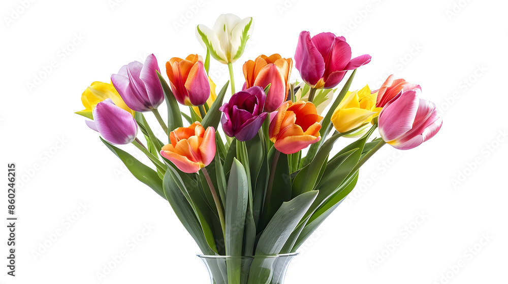 Multicolored tulips in a vase isolated on white background : Generative AI Multicolored tulips in a vase isolated on white background : Generative AI