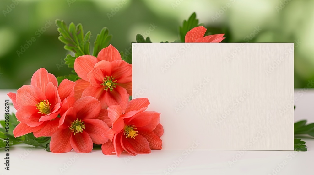 Obraz premium Blank card with vibrant red flowers and green leaves, perfect for greetings, invitations, or floral-themed announcements.