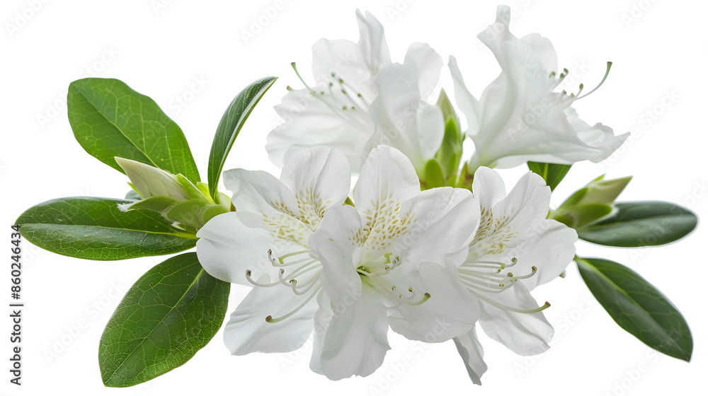 Fototapeta premium Azaleas flowers with leaves White flowers isolated on white background with clipping path : Generative AI