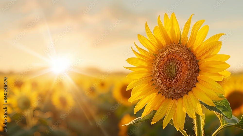 Obraz premium Bright sunflower field at sunrise with vibrant yellow petals and a warm, glowing sun in the background, capturing nature's beauty and tranquility.