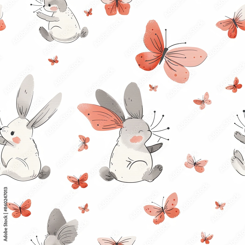 Cute Seamless Pattern with Doodle Cartoon Bunny Playing Cute Seamless Pattern with Doodle Cartoon Bunny Playing