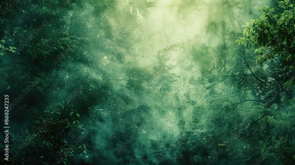 Obraz premium Mysterious misty forest with dense foliage and sunlight filtering through