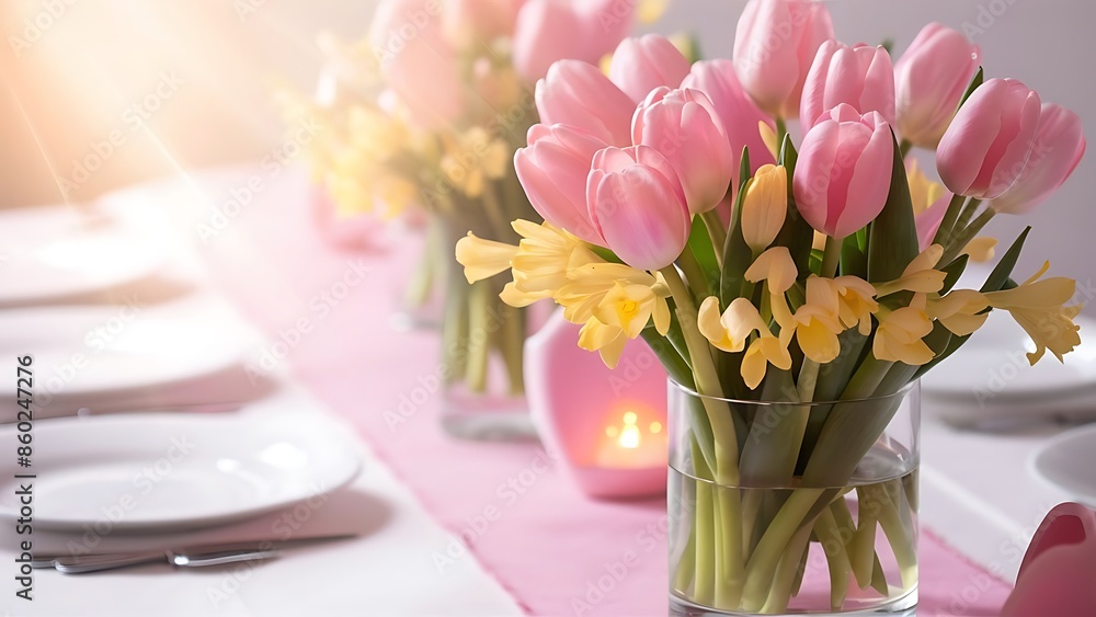 Obraz premium Bouquet of pink tulips and yellow freesias in a glass vase on the table