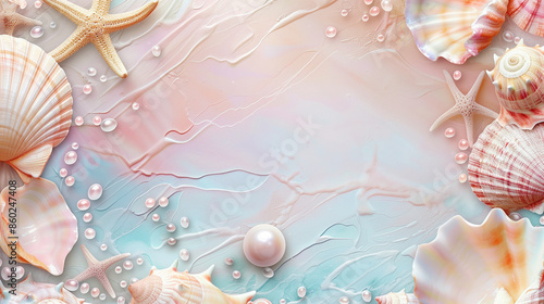 Pastel-colored summery seashell frame background wallpaper