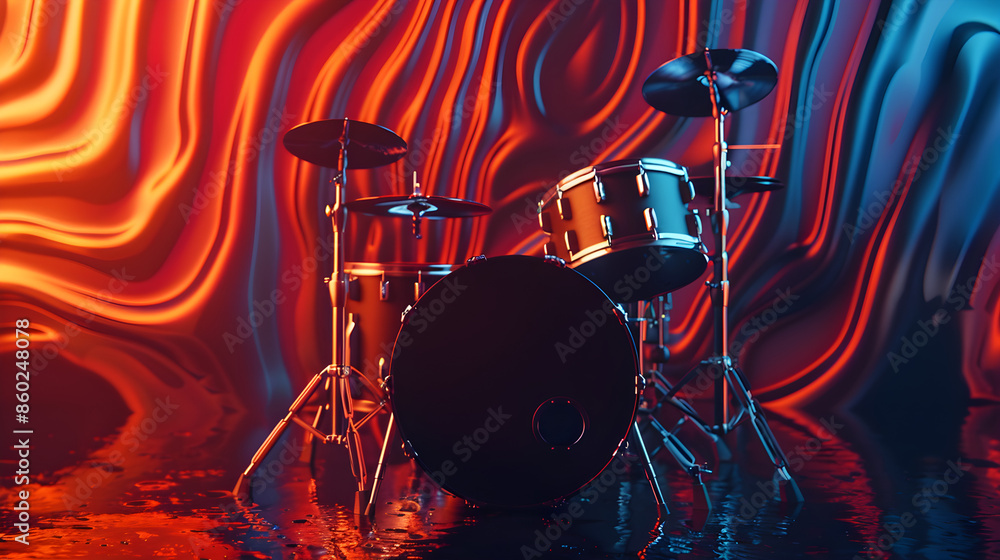 Batterie noire mate sur fond musical abstrait