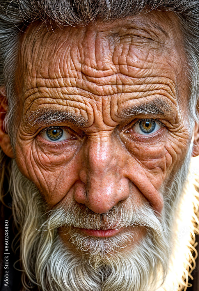 Close-up of an elderly man with a long white beard and a mustache with deep wrinkles across his face and appears to be looking directly at the camera Close-up of an elderly man with a long white beard and a mustache with deep wrinkles across his face and appears to be looking directly at the camera