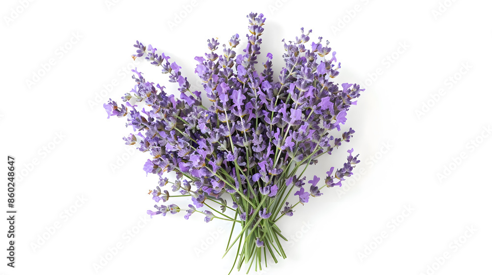 Obraz premium Top view of a bouquet of purple lavender flowers on a white background Bunch of lavandula flowers Photo from above : Generative AI