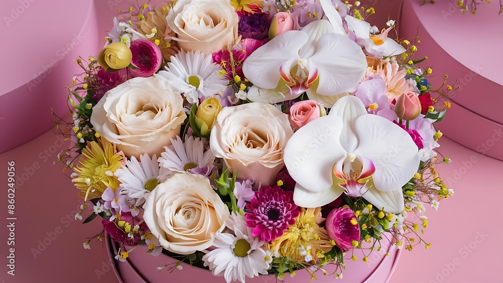 Stylish trendy delicate bouquet with a variety of spring flowers roses orchids in a round box on a pink background Stylish trendy delicate bouquet with a variety of spring flowers roses orchids in a round box on a pink background